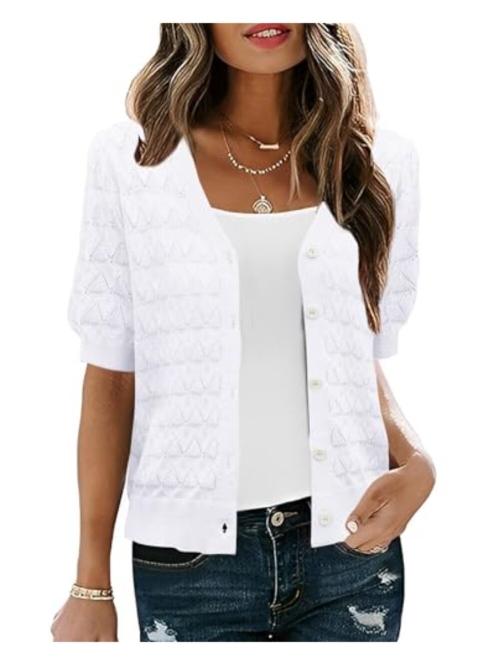 Women's Crochet Knit Cardigan Open Front Puff Sleeve Lightweight